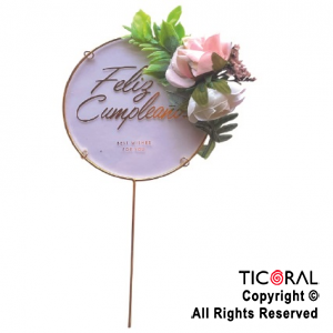 CAKE TOPPER FELIZ CUMPLEAOS REDONDO CON FLORES ORO  X 1